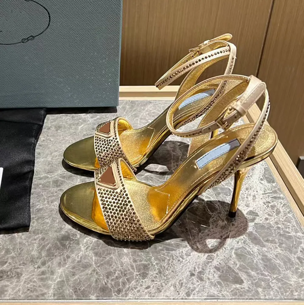 Luxury Golden Crystal Embellished Stiletto Sparkly Sandals With