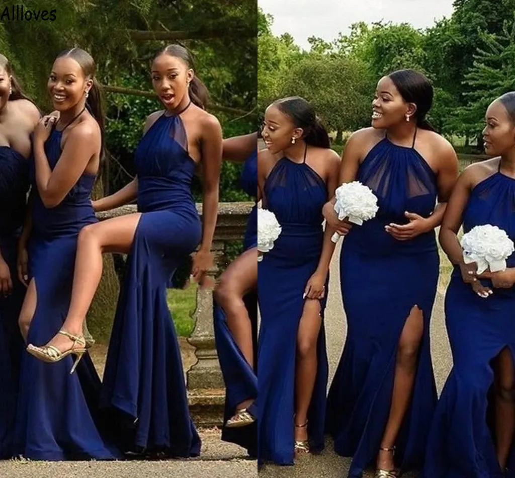 Abiti da damigella d'onore a sirena sexy con scollo all'americana blu royal per ragazze africane Abiti da festa di nozze per occasioni formali con spacco alto Sweep Train Plus Size Abito da damigella d'onore CL1912