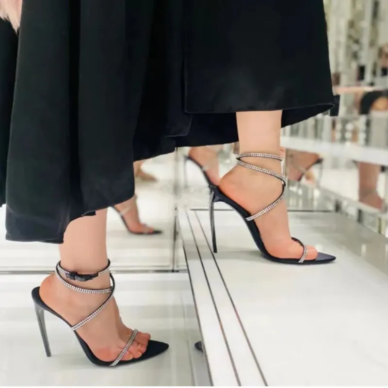 Save Big on Bulk Black Sandals With Rhinestones Rhinestone Black Sandals  Heels Strappy High Heel Sandals For Women, 11mm Heel, Party Luxury  Designer