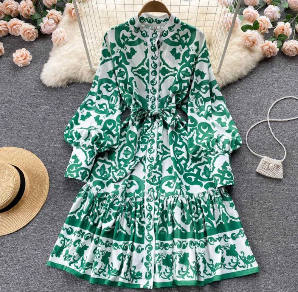 Casual jurken Fashion Designer Runway Dress Traw Spring Herfst Women Long Lantern Sleeve Single Breasted Floral-Print Lace-Up Mini