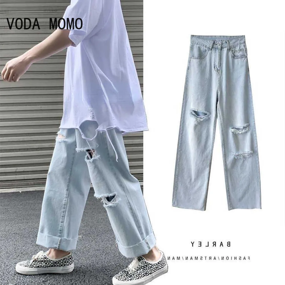 Men's Jeans High Street Ripped Jeans Male pants trousers Hip hop Wide leg Pants Summer Thin Section Straight Loose Casual wide leg pants Z0225