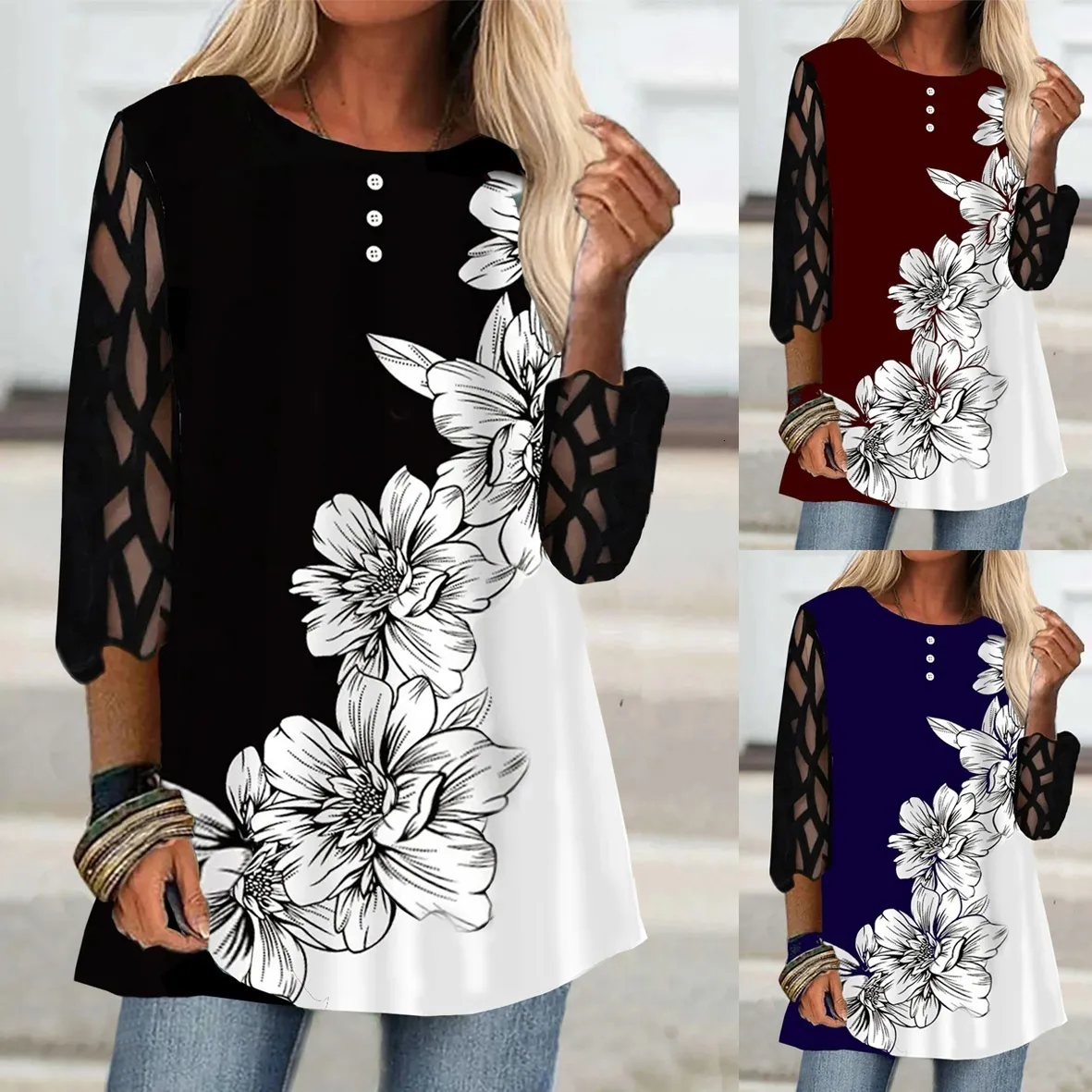 Женская футболка весна и осенние женщины мода свободные повседневные футболки с сетчатыми рукавами с половиной рукава цветочные припечатки круглая шея 230224