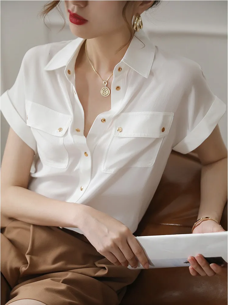 Damenblusenhemden Sommerblusenhemden Frauen Kurzarmoberteile Solide Reverstaschen Weiße Hemden Bürodame Koreanische weibliche Kleidung Blusas 230225