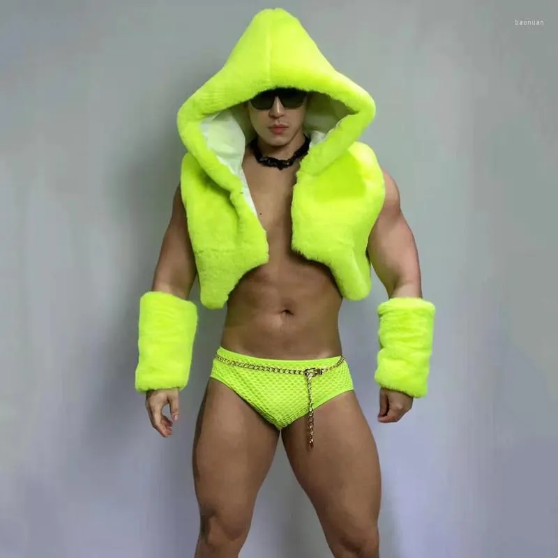 Stage Wear Nightclub Sexy DJ Gogo Dance Costume Male Team Dancer Fluorescent Green Faux Fur Hooded Vest Shorts Cuff Rave Outfits