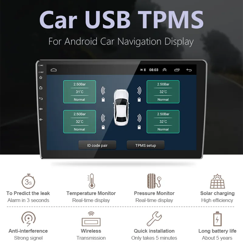 Système de surveillance de la pression des pneus TPMS USB Android pour autoradio lecteur DVD de voiture 4 capteurs externes/intérieurs de pneu alarme de température