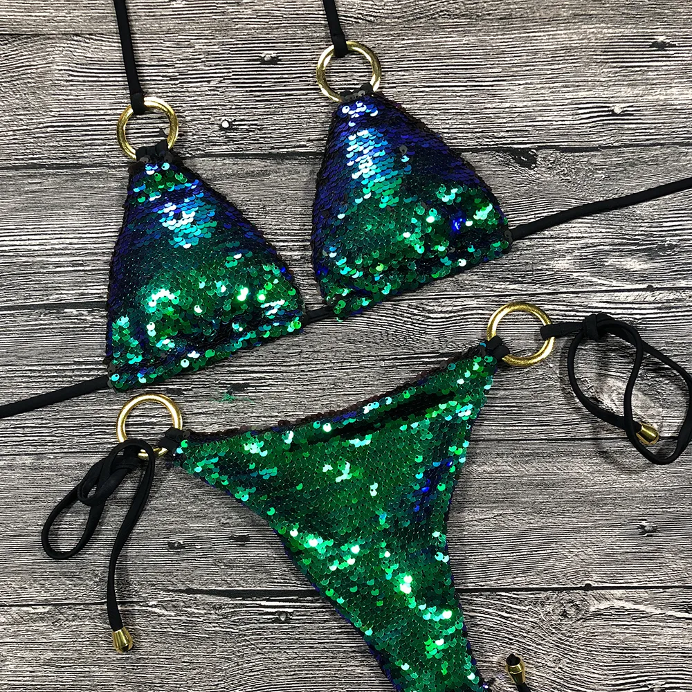 Kvinnors badkläder Solid Bikini Sexig baddräkt Halter Baddräkt Kvinnor Bling Sequin Set Beach Wear Drop Monokini Glitter 230224