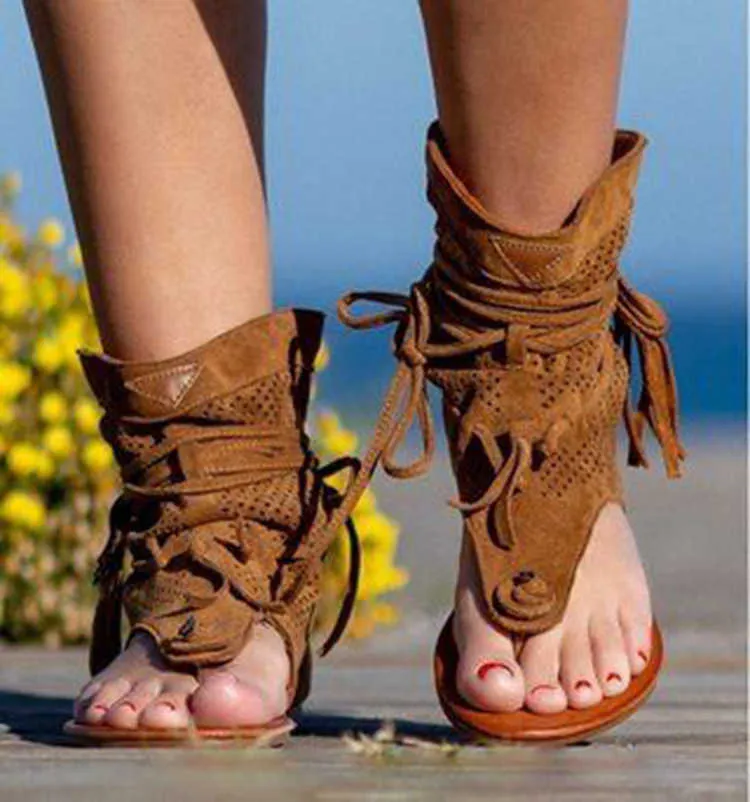 Sandalen Retro Quaste Sandalen Für Frau Sommer Boho Flache Schuhe Damen Lace Up Strand Schuhe Alias Mujer 2020 Frauen der Schuhe 698 Z0224