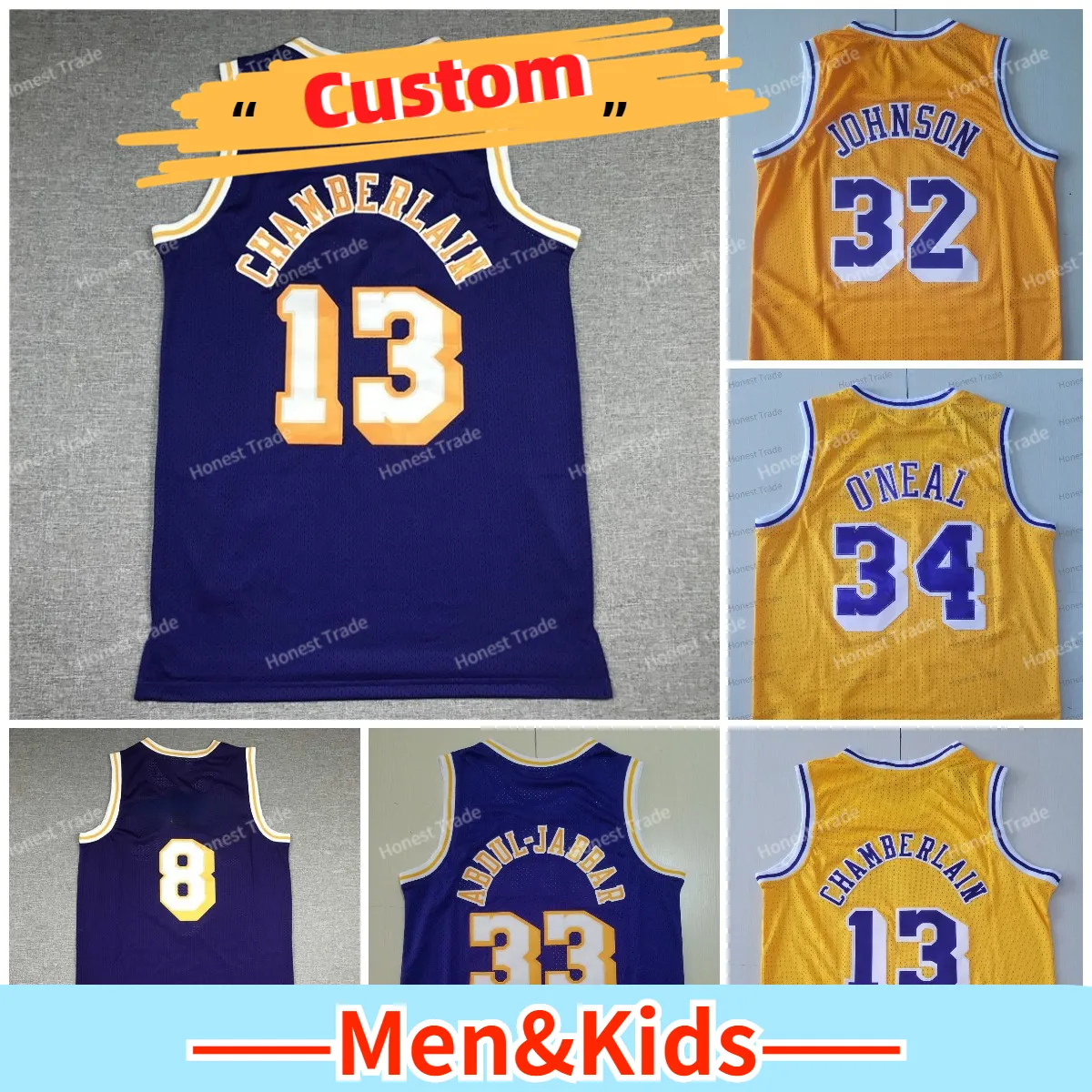 Personnalisé Rétro Shaq 34 Basketball Jersey James Johnson Wilt Chamberlain Rodman West O Neal Maillots De Basketball Cousus Violet Jaune Throwback Hommes Enfants Jeunesse