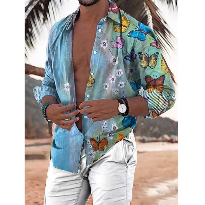 Chemises décontractées pour hommes Chemises papillon hawaïennes pour hommes 3D Chemise à fleurs à manches longues Chemisier de plage Tops surdimensionnés Tee Shirt Homme Vêtements d'été 230225