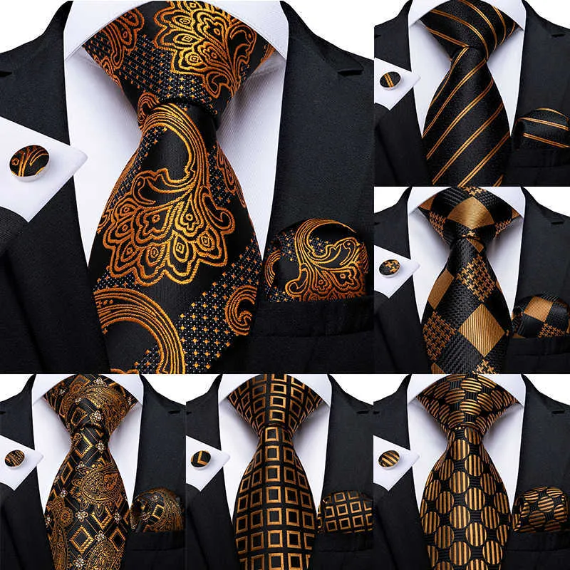 Neck Ties Gift Men Tie Gold Black Striped Paisley Silk Wedding Tie For Men DiBanGu Design Hanky Cufflink Quality Men Tie Set Dropshipping J230225