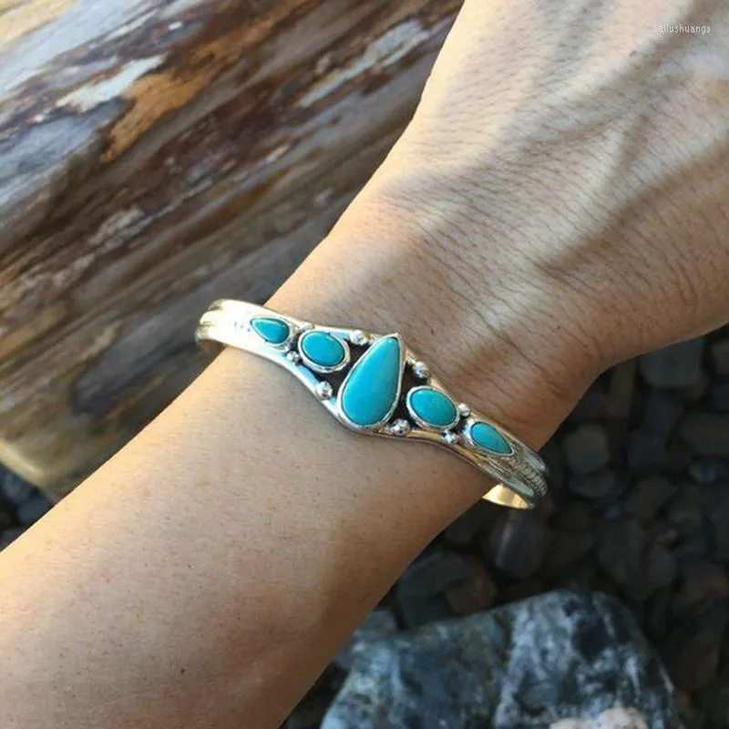 Bangle Boho Vintage Inlaid Green Natural Stone Women 2023 Engraved Geometric Adjustable Opening Bracelet Jewelry For Her Gift