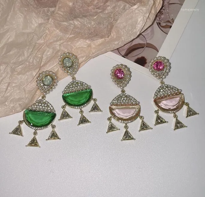 Orecchini pendenti vintage corte stile retrò ovale perla smeraldo pietra preziosa triangolo elegante moda donna stud