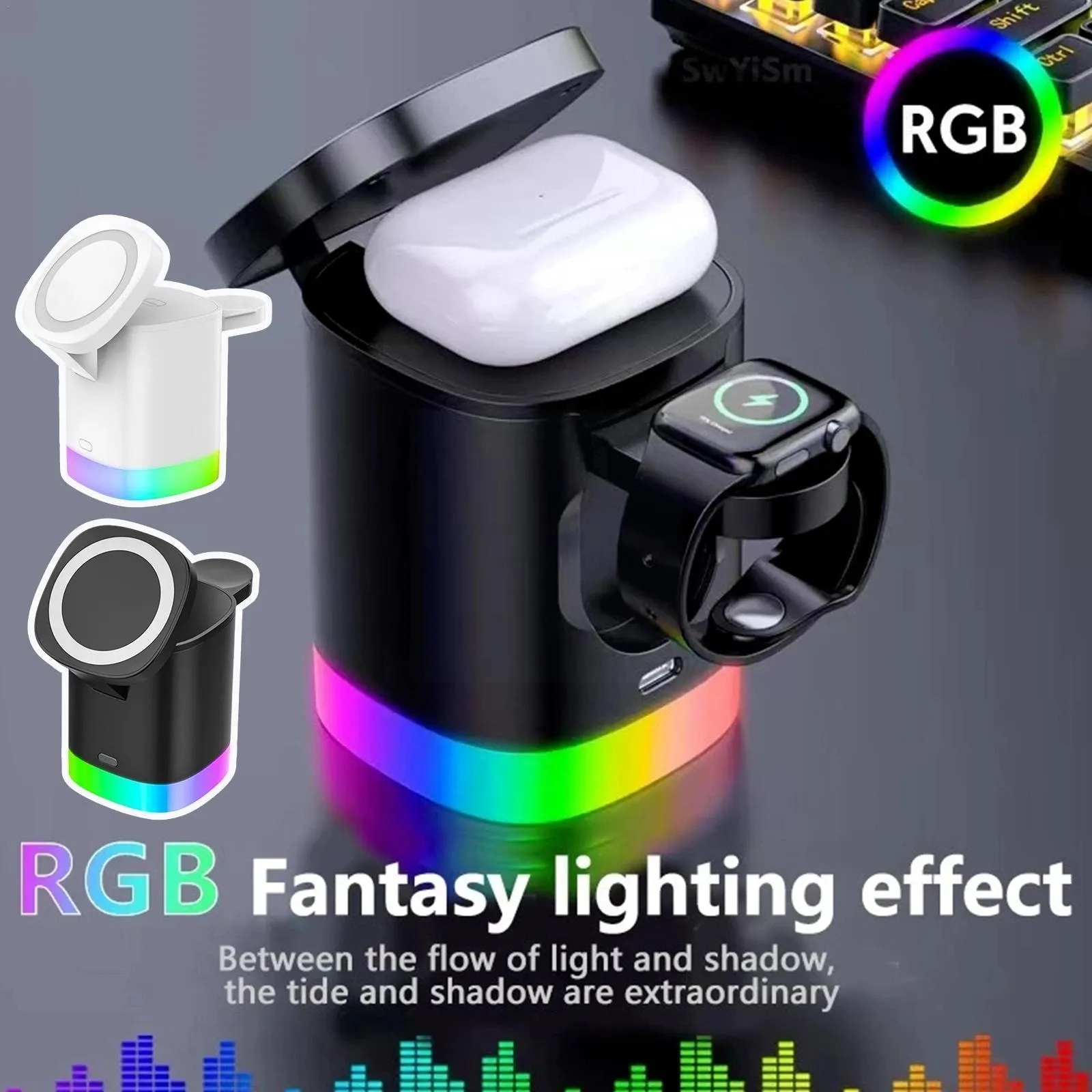 Zusammenklappbares 3-in-1-Wireless-Ladegerät für Apple Watch iPhone 14 13 Pro 12 AirPods 3 Pro RGB-Licht Magnetische Schnellladestation mit Lampe