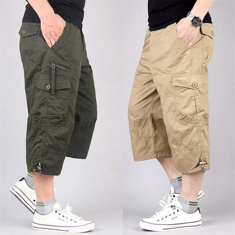 MENS SHORTS Lång längd last shorts män sommar multipocket casual bomull elastiska byxor män militär taktiska korta byxor 5xl 230224