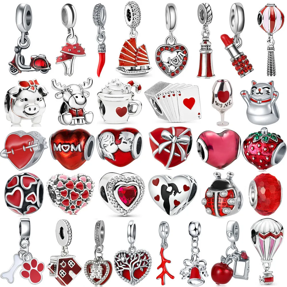 The New Popular 925 Sterling Silver Suspension Cute Red Cat Heart Pendant Is Suitable for Primitive Pandora Charm DIY Bracelet Necklace Accessories Jewelry