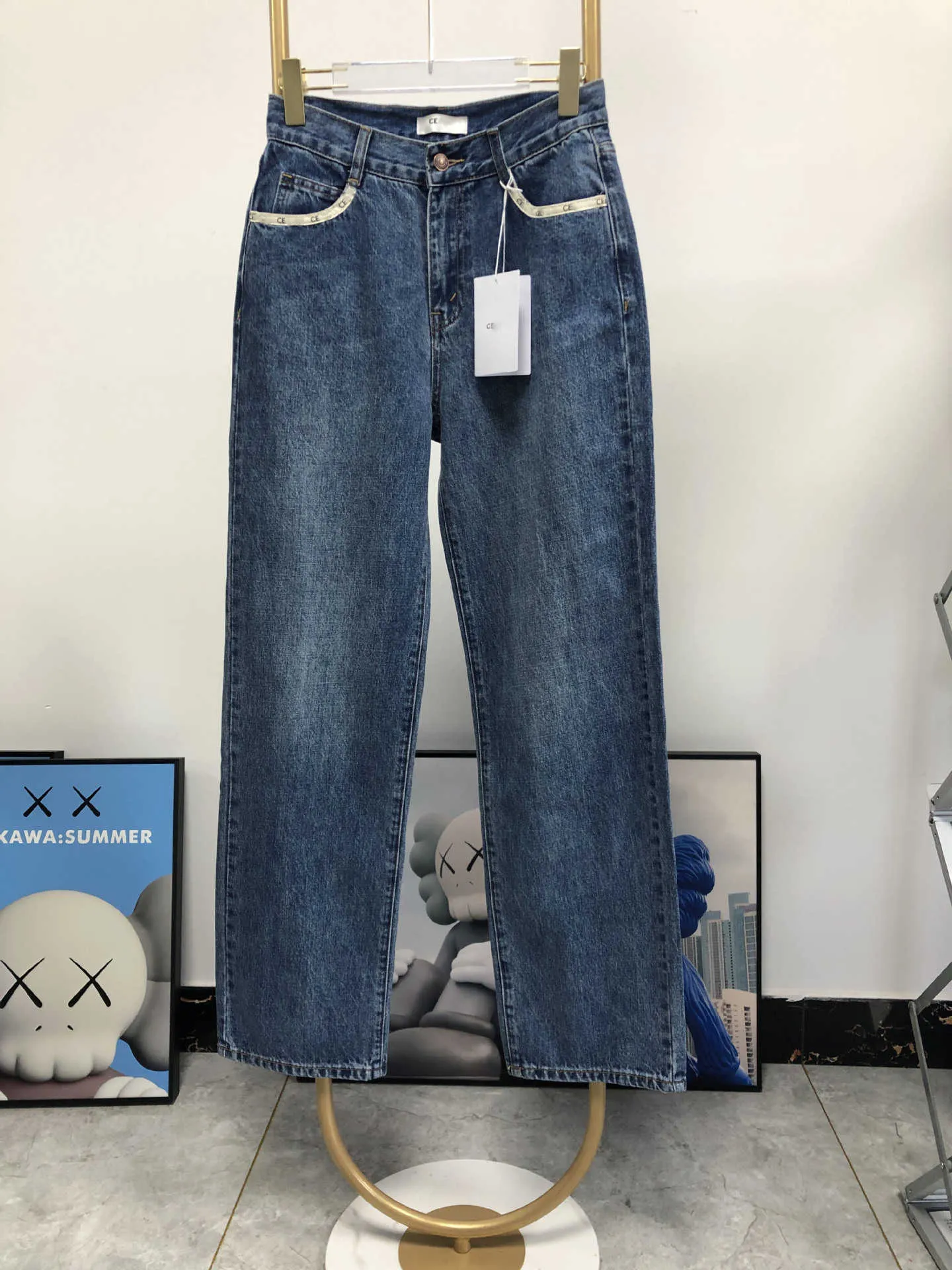 Kvinnors jeans Ny h￶stficka f￤rgkontrast v￤vd med jacquard h￶g midja rak ben breda ben jeans kvinnor