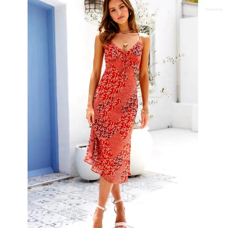 Casual Dresses Gypsylady Orange Floral Strappy Dress Summer Vintage Holiday Women rygglösa Sexiga ruffles Button Female Long Long