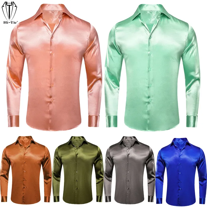 Mäns avslappnade skjortor Hi-Tie Plain Satin Silk Mens Dress Shirts Långärmad kostym Skjorta avslappnad formell blus Pure Solid Rose Gold Peach Peach Mint White 230225