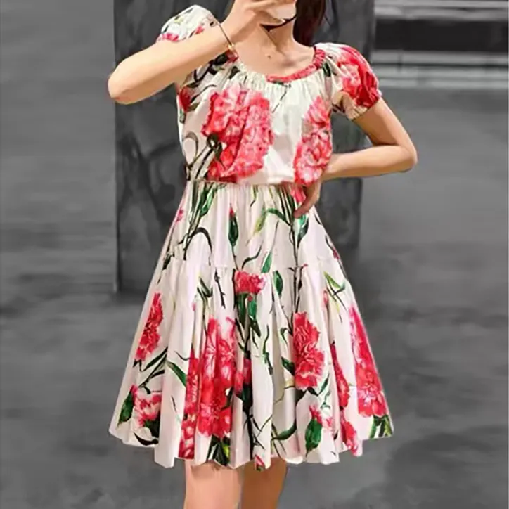 2023 Fancy Dress Damen Blumenmuster mit geraffter Taille Slash Neck Puff Sleeve Mini FitFlare Dress