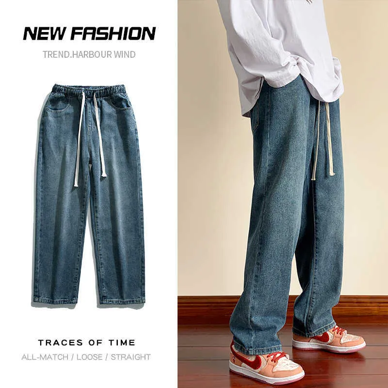 Heren jeans 2023 lente en herfst nieuwe heren vintage blauwe jeans Koreaanse mode y2k broek high street elastische taille trekkoord baggy pants z0225