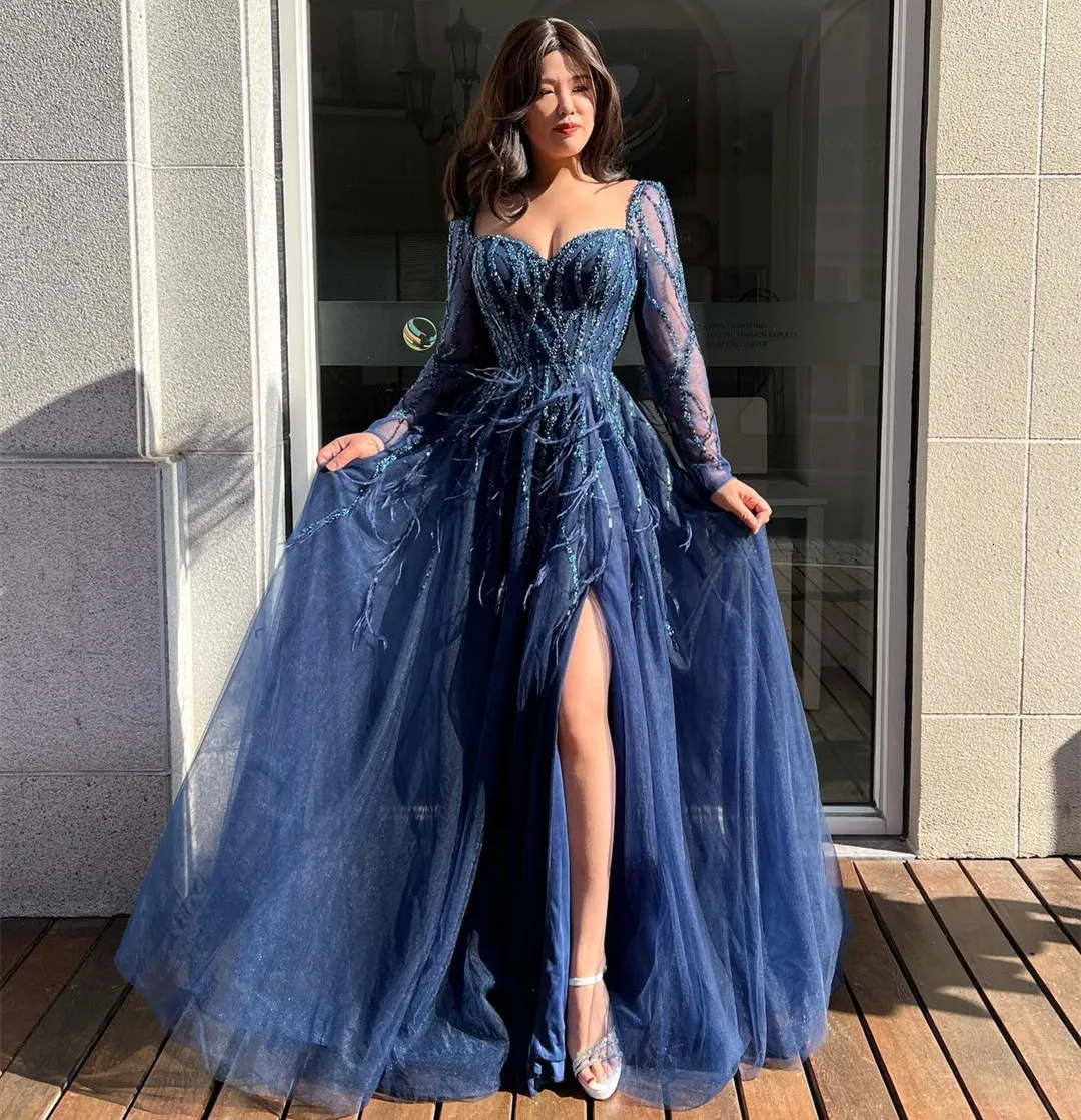 Party Dresses Real Image Women Wear Side Slit Prom Long Sleeves Beaded Sequins Feathers Tulle Formal Occasion Evening Gowns 230224