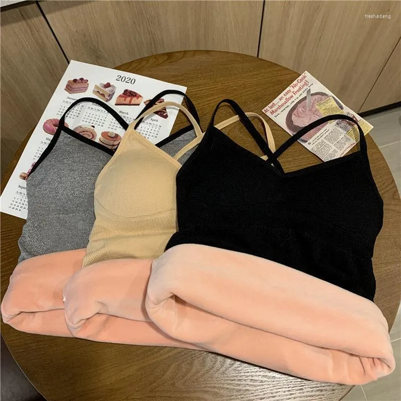 Women's Tanks Winter Warm Thermal Crop Top Women Velvet Fleece Underwear Thin Elastic Cropped Thicken Plush Straps V-Neck Camisole