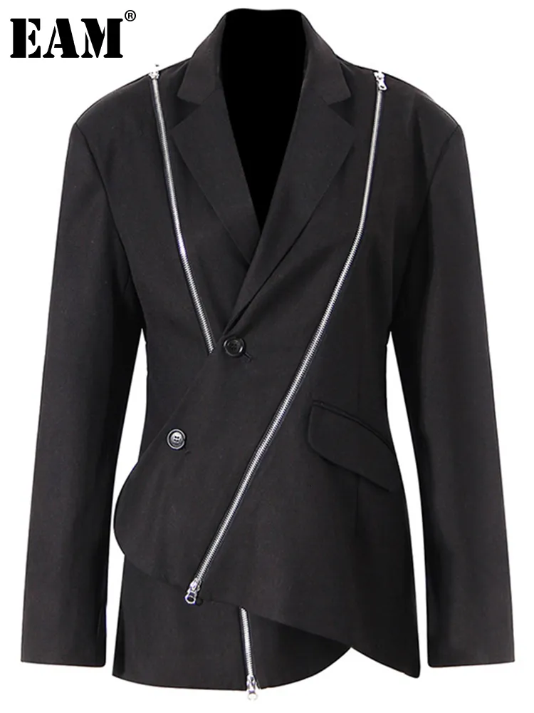 Costumes pour femmes Blazers EAM femmes noir fermeture éclair irrégulière Blazer cranté à manches longues coupe ample veste mode printemps automne 1DE6066 230224