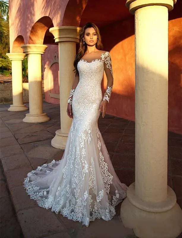 2023 Modern Mermaid Wedding Dresses 3D Appliqued Lace Sheer Neck Long Sleeve Bridal Gowns Illusion Wedding Dress robe de mariee GB0916