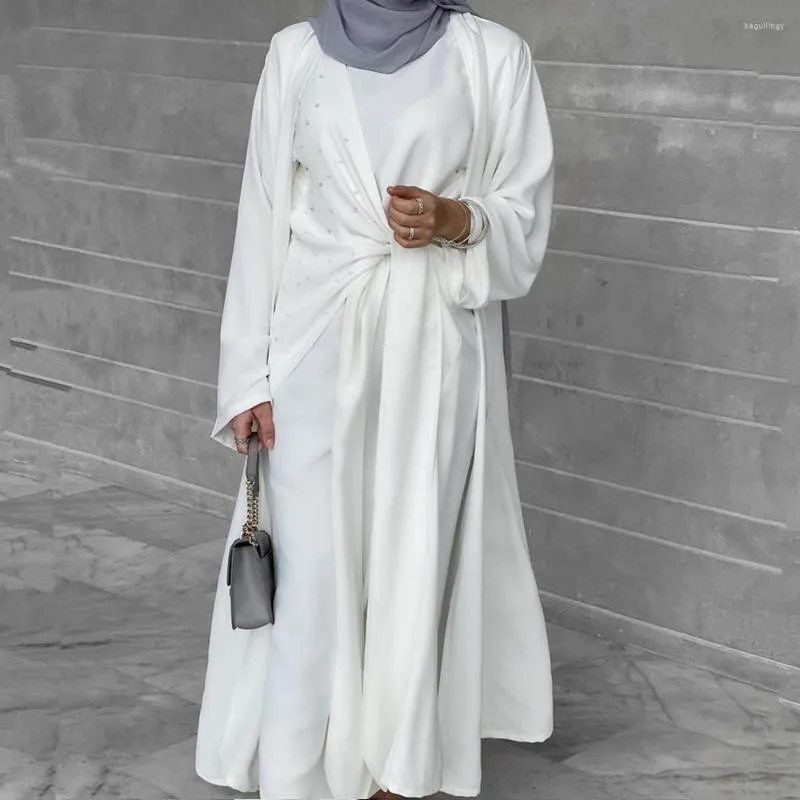 Roupas étnicas 2023 Islâmico com Pearls 2 Peças Conjunta Mulheres Muçulmanas Cardigã Moda Bread Abaya