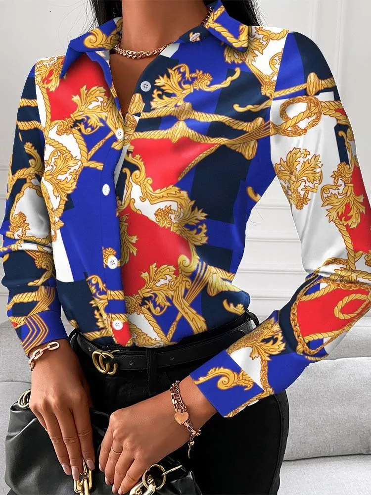 Женские блузкие рубашки цепочка печатные женские топы и блузки модные шахты с длинным рукавом повседневной плюс размер