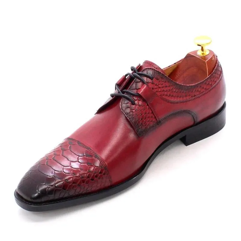 Dress Shoes Snake Print Pointed Cap Toe Party Formeel pak voor Mengenuine Leather Red Wedding Derby met koeienmateriaal