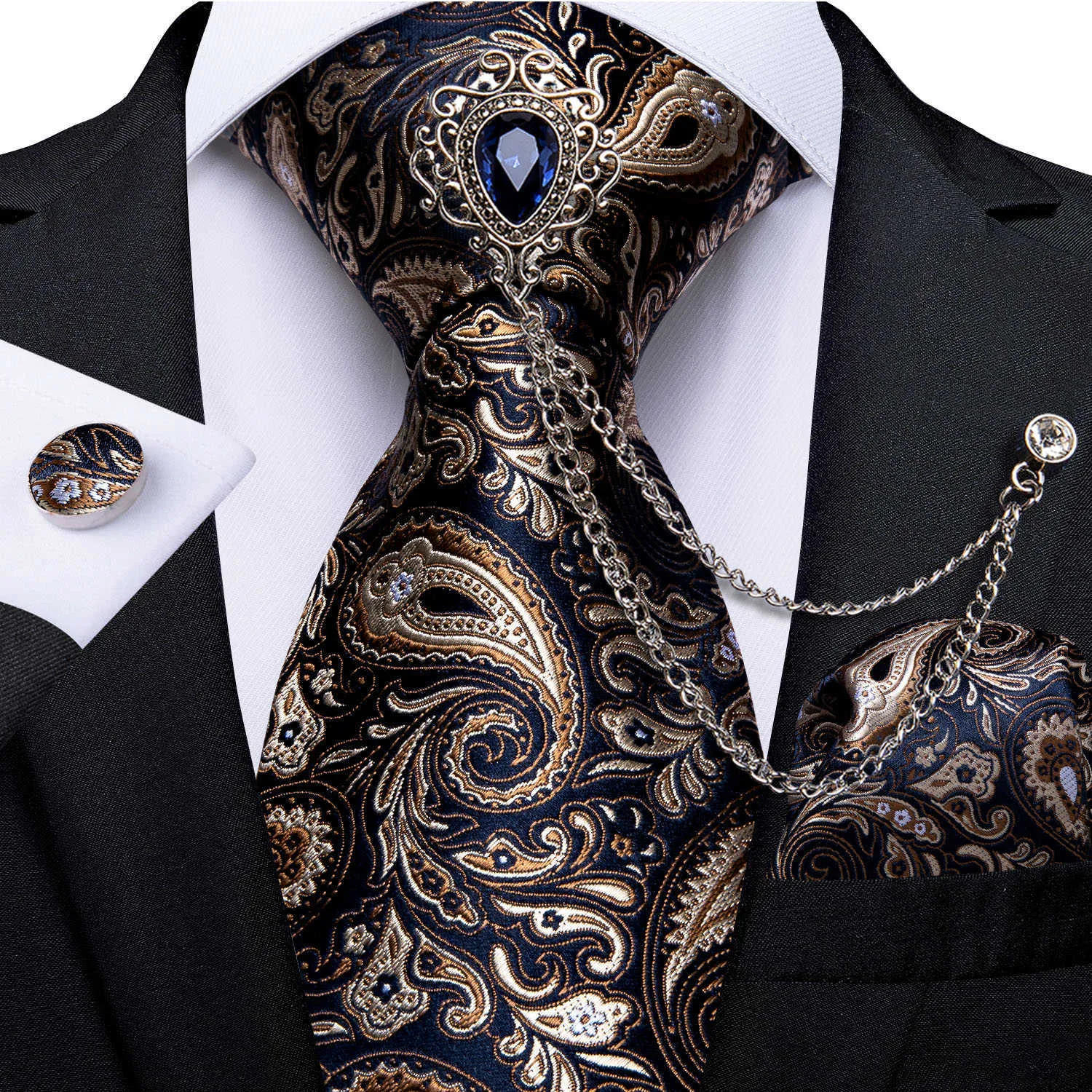 Neck Ties 2022 New Design Fashion Men's Tie Brooch Set Luxury Paisley Silk Tie Handkerchief Cufflinks Set Wedding Party Necktie DiBanGu J230225