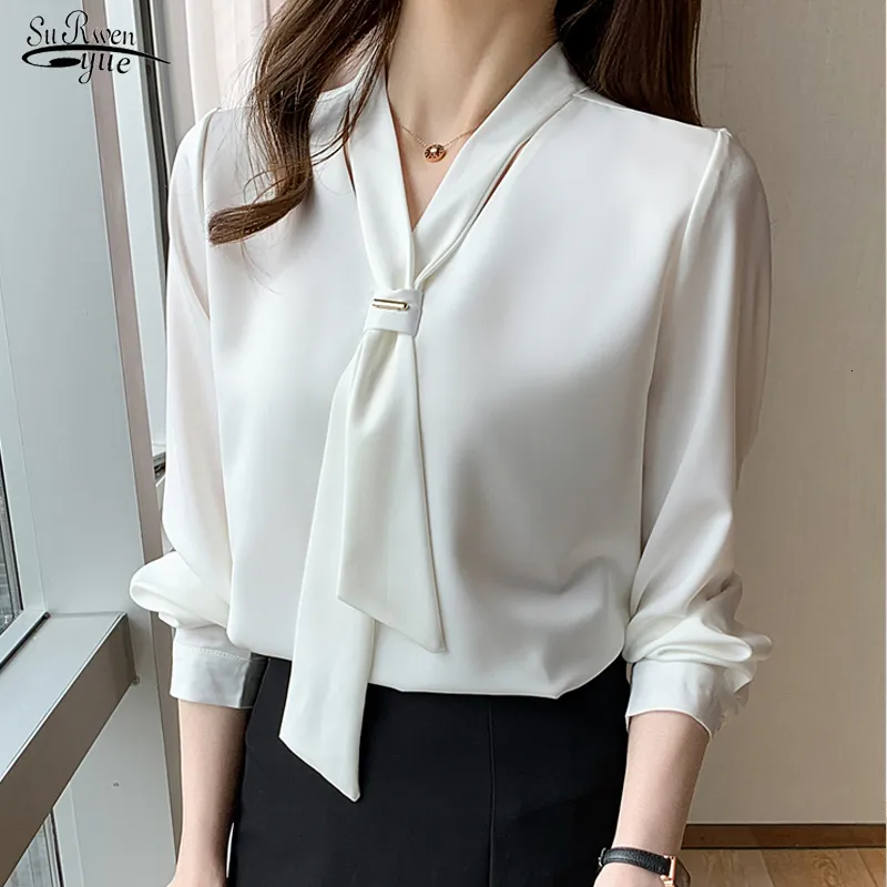 Kvinnors blusar Skjortor Fashion Chiffon Women Blus and Tops Office Long Sleeve White Women Shirts With Tie V Neck Loose Female Clothing 13022 230225