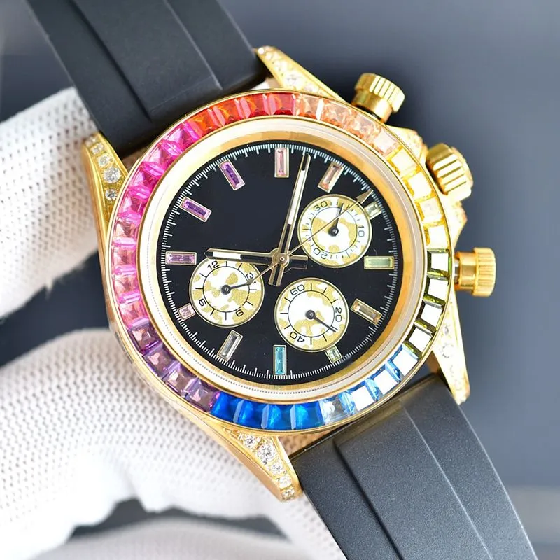 Diamond Watches Classic Mens Business Watch 40mm Rainbow Dial Original Rubber Strap Sports Men Wristwatches Casual Clock Montre De Luxe