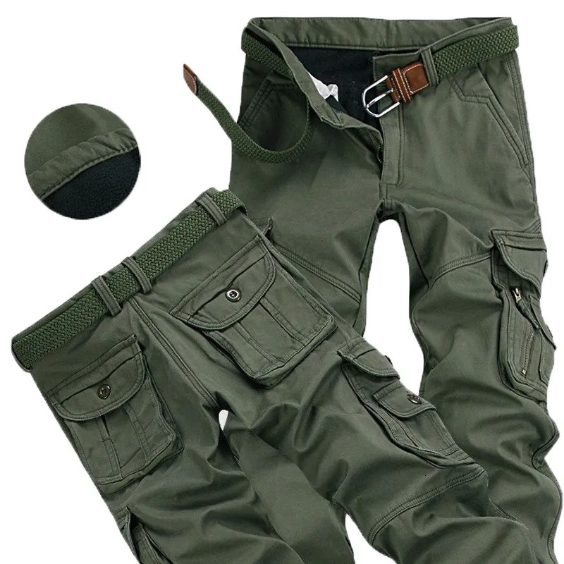 Men's Pants Men's Winter Pant Thick Warm Cargo Pant Casual Fleece Pocket Fur Trouser Plus Size Brushed Fashion Loose Baggy Joger Worker Male 230225