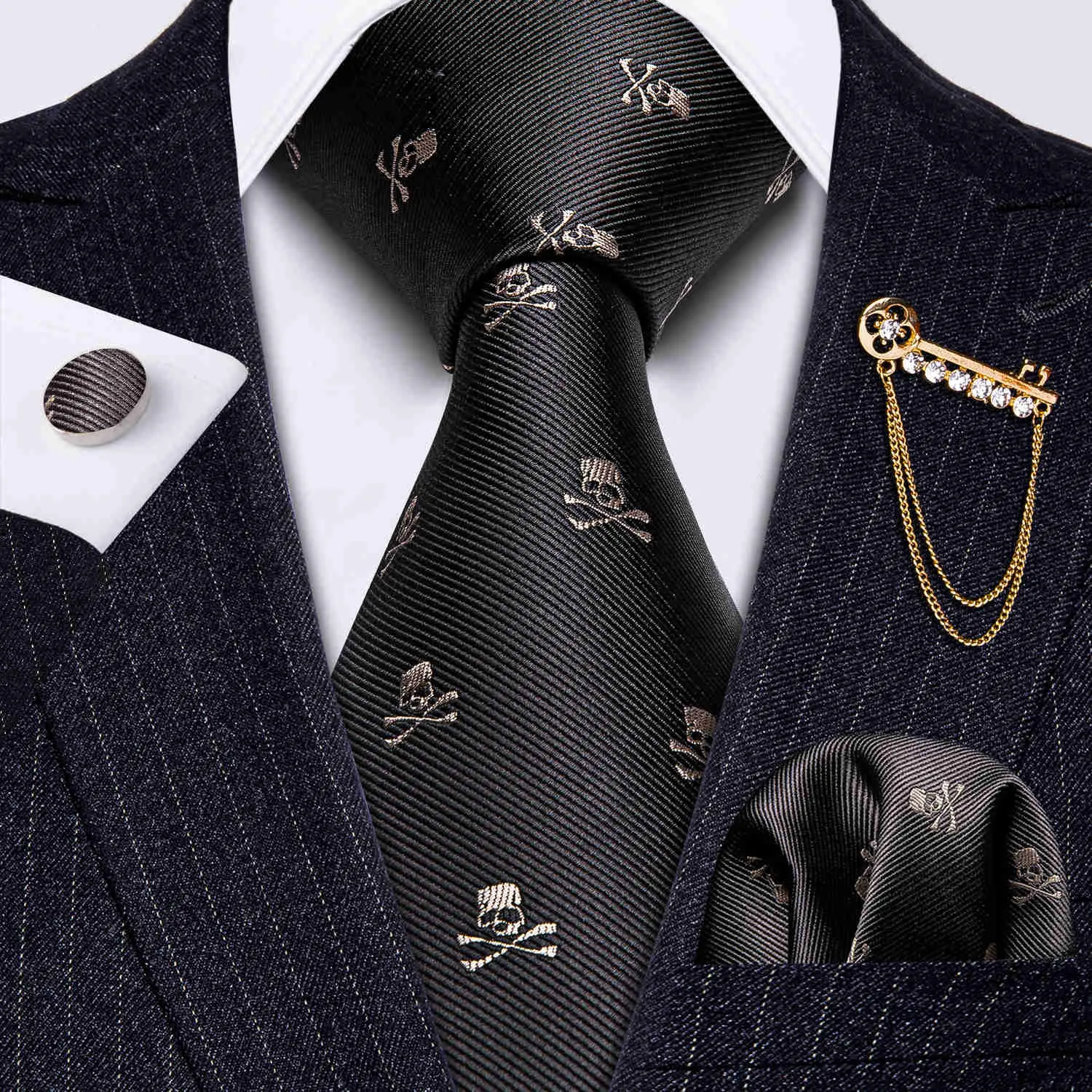 Neck Ties Fashion Designer Brown Skull Men Tie Gold Brooch Silk Tie Handkerchief Set Gift For Men Wedding Business BarryWang Necktie J230227