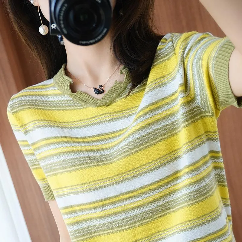 Women's T Shirts Summer Pure Cotton Women Casual Pullover Knitted Sweater Short Sleeve Plus Size Round Neck Tees Striped TopsWomen's