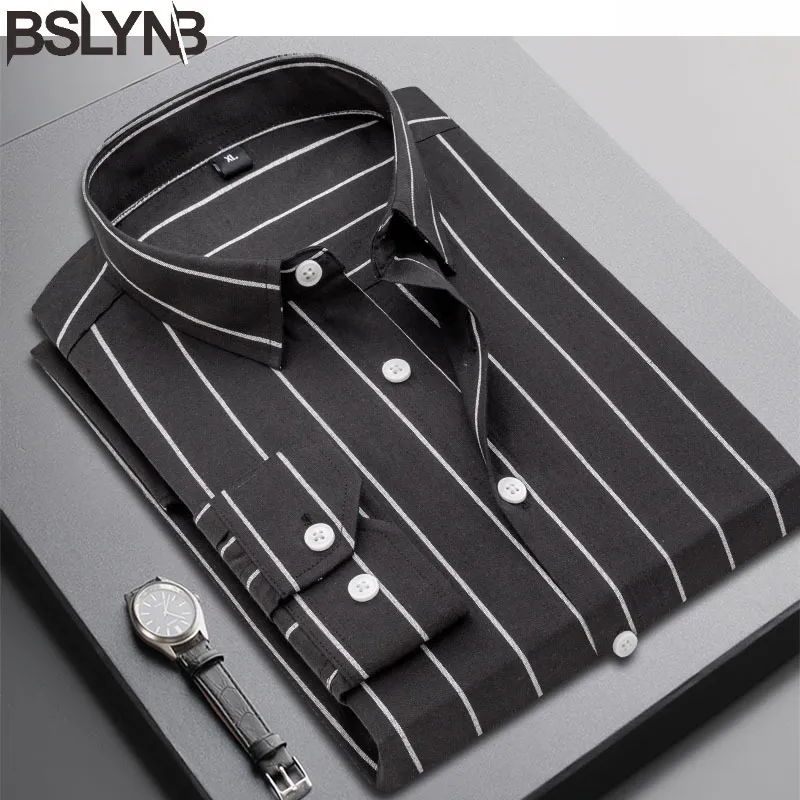 Camisas casuais masculinas Cotton Slim Fit Slave Longa listrada Korea Moda Button Down Down Social Business Dress Tops 230224