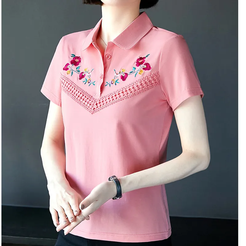 Blouzen voor dames shirts lente zomer volwassen katoenen bloem geborduurd poloshirt vrouwen mode casual poloshirt vrouw kleurrijke rib 230225