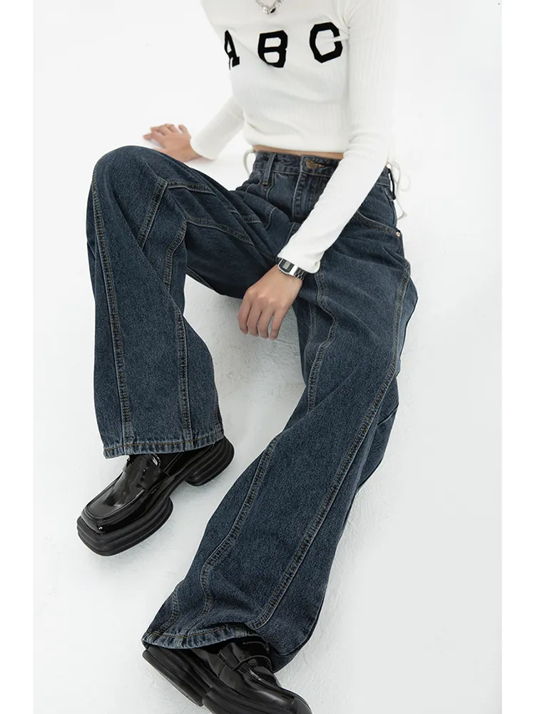 Женские джинсы темно -синий бэк -талия Бэкги Женские джинсы уличная одежда Y2K Fashion Streetwear Случайная летняя ширина Премиум брюки 230225