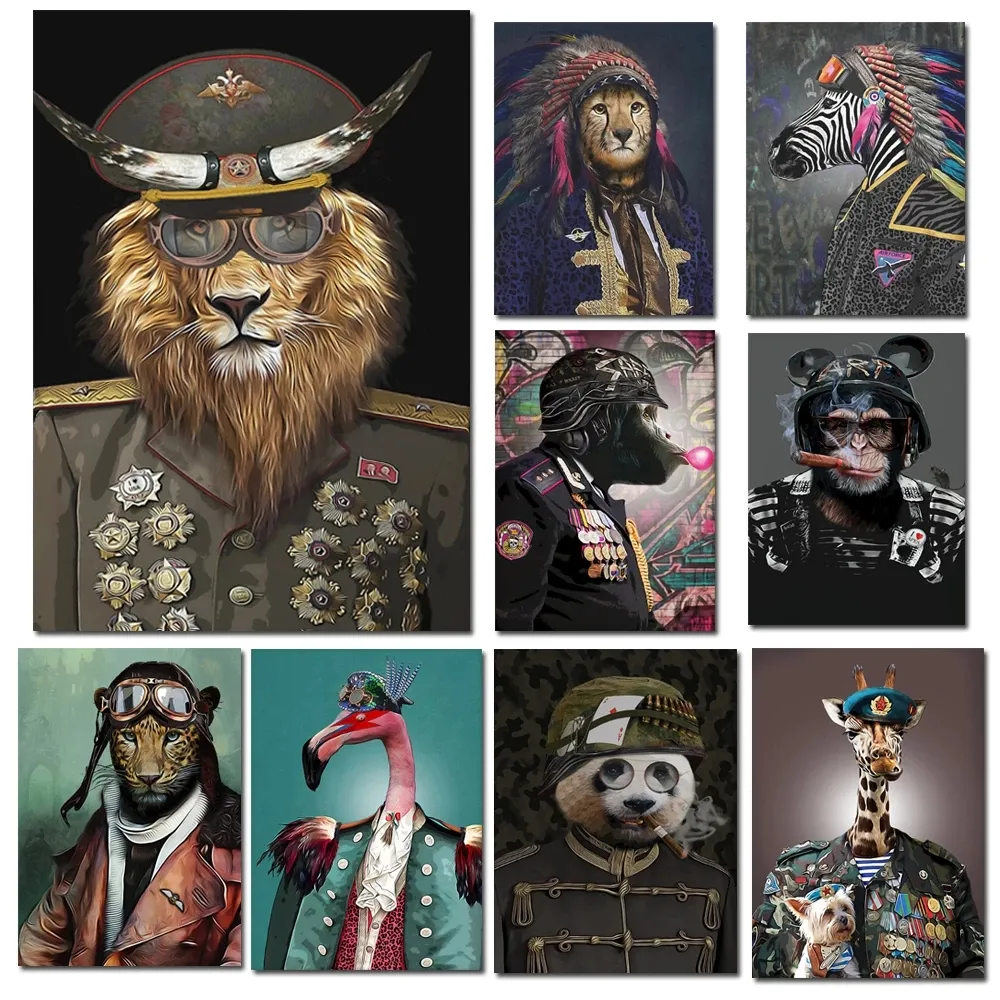 面白い動物軍事ポスター壁アートキャンバスプリント壁画ライオン、キリン、ヒョウの写真リビングルームの装飾
