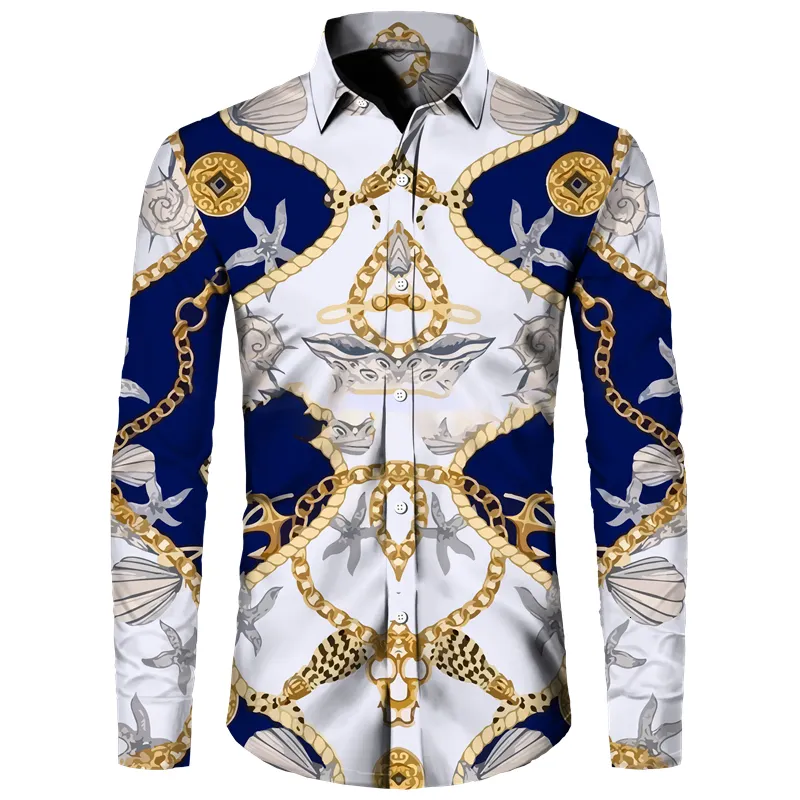 Mäns avslappnade skjortor Luxury Men's Shirts Fashion Golded Chain 3D Printed Long Sleeve Tops Turn-Down Conged Shirt Party Club Cardigan Bluses 230225