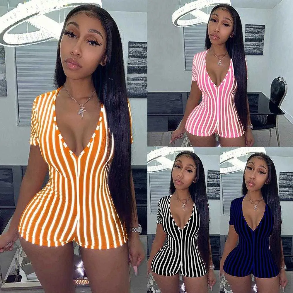 Summer Womens Clothing Romper Deep V Sexy Sports Striped Short Sleeve Tight