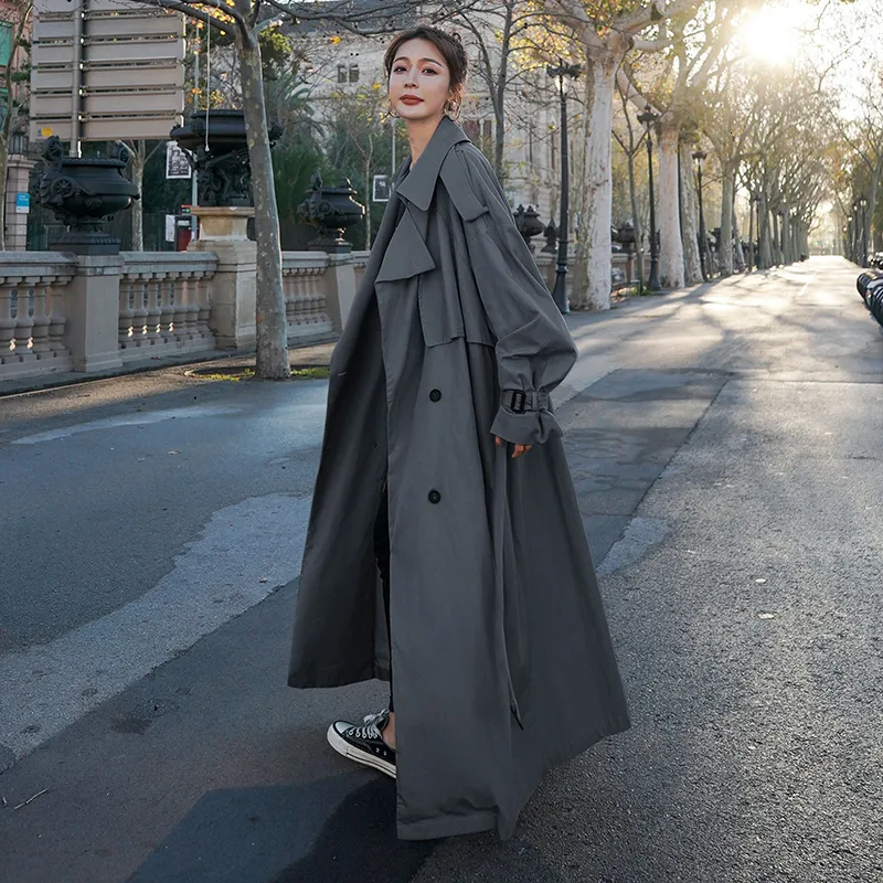 CAPA DE LA CABRA DE MUJERES Estilo coreano de gran tamaño X Largo X Long Coat Doble Breaded Belte Claak Breakbreaker Spring Fall Outerwear Grey 230225