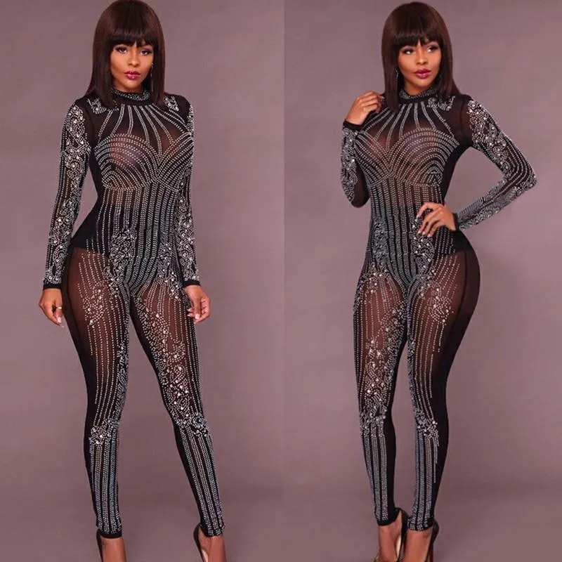 Macacão Macacão Feminino Sexy Bodycon Manga Comprida Transparente Moda Mesh Geométrico Strass Transparente Macacão Macacão Brilhante Combinação