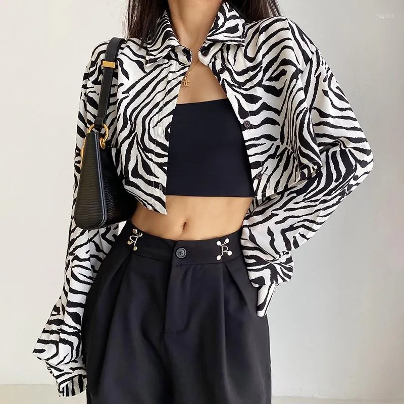 Kvinnors blusar kvinnor mode kort leopard zebra tryck skjorta lång ärm lös lös casual skörd toppar hög midja street stil blus cardigan