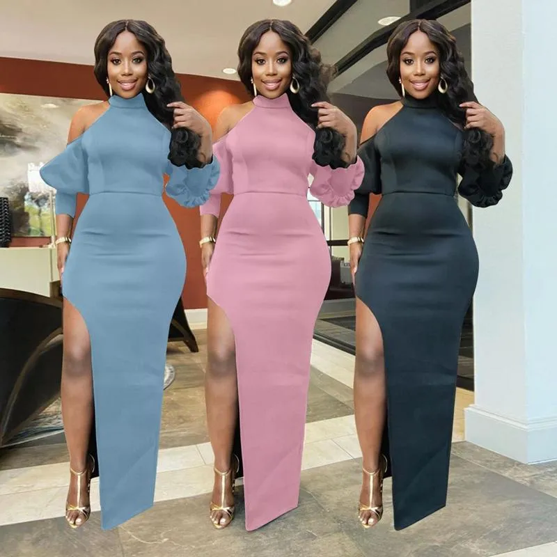 Casual Dresses Sexy Off Shoulder Bodycon Maxi Dress Pile Up Sleeve Women Birthday Party Outfits Clothing Night Club Side Slit klänning.