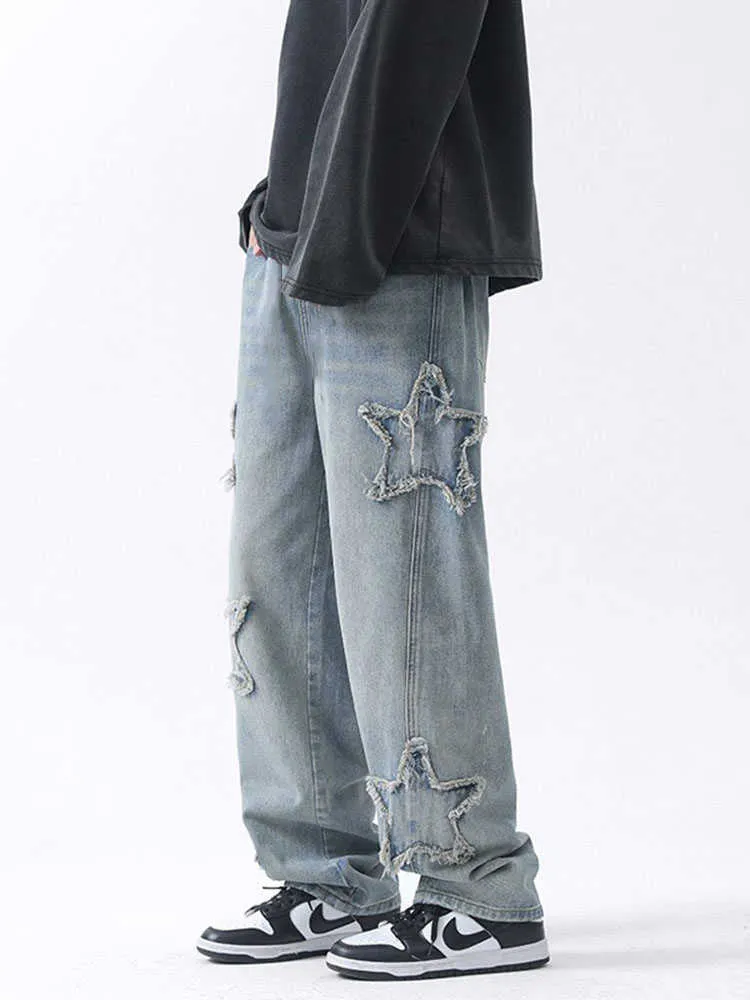 Jeans pour hommes New Fashion Stars Serviette Broderie Brown Baggy Hommes Jeans Pantalon Y2K Vêtements Droite Hip Hop Coton Pantalon Pantalon Homme JEANS Z0225