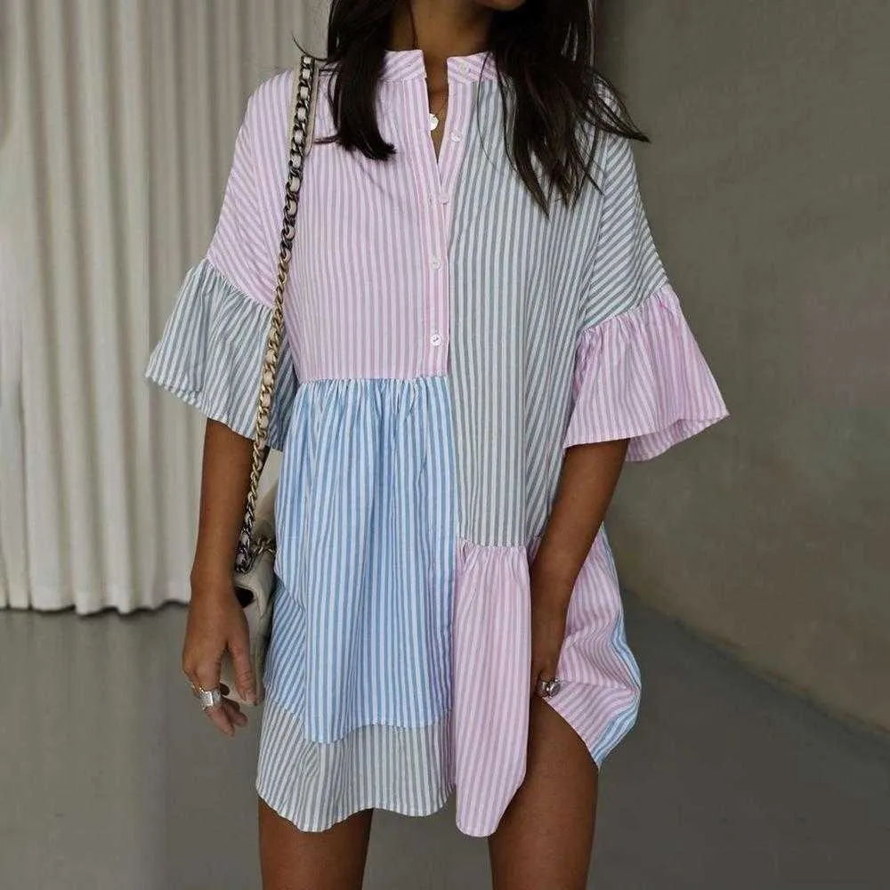 Save Big on Bulk Striped Casual Dresses Pastel Color Short Dresses: Women's Lightweight Striped Print Casual Dress, Color Block Short Sleeve Summer