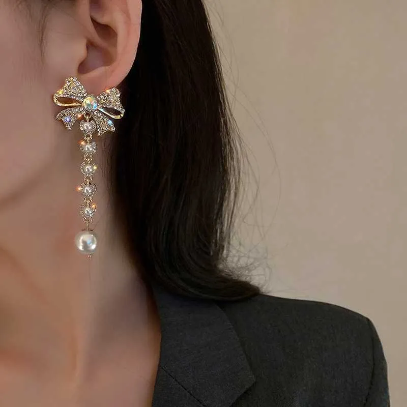 Charm MENGJIQIAO Korean Elegant Rhinestone Bowknot Drop Earrings For Women Girls Fashion Long Pearl Pendientes Party Jewelry Gifts G230225